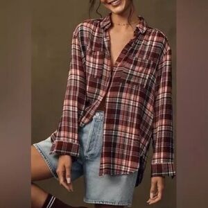 NWT Pilcro Hadley Relaxed Buttondown Shirt Maroon Pink Plaid Flannel XL Casual